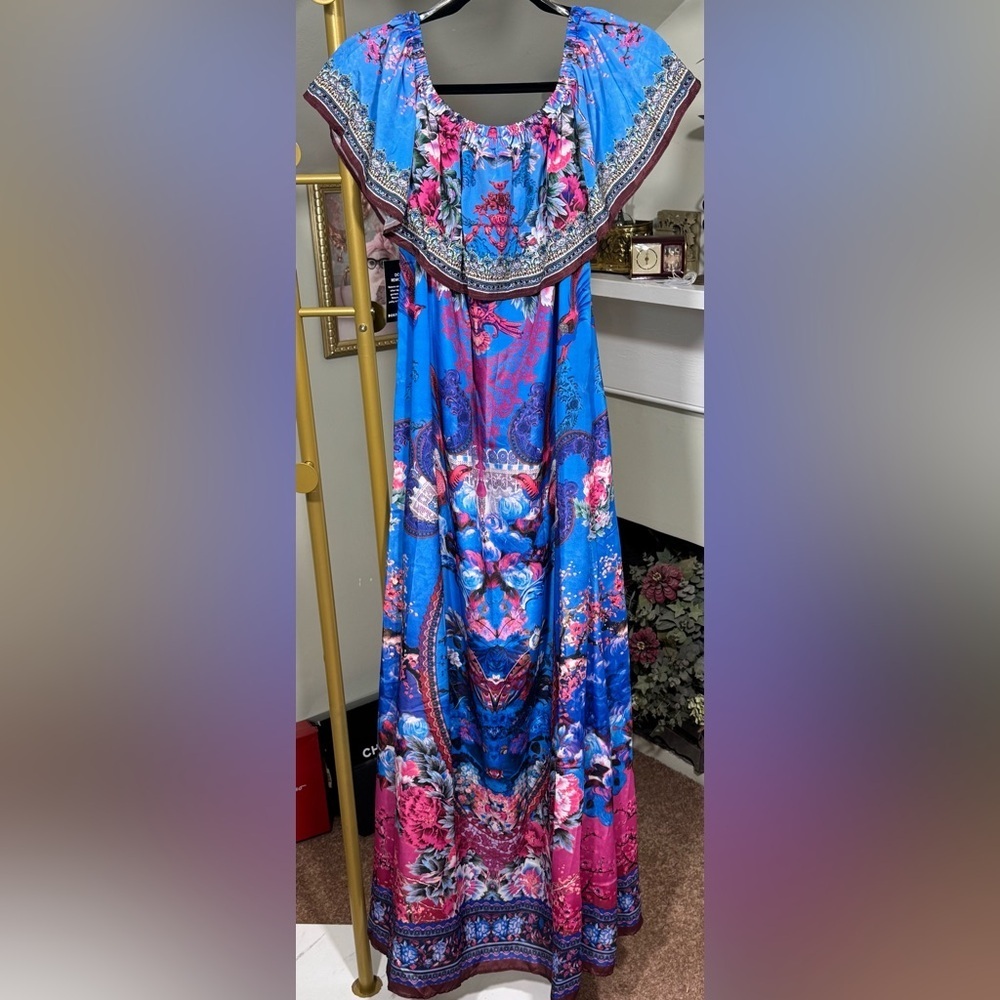 NWT Boston Proper Embellished Blue w/Pink Floral Maxi Dress w/Belt Camilla Vibe - Picture 5 of 16
